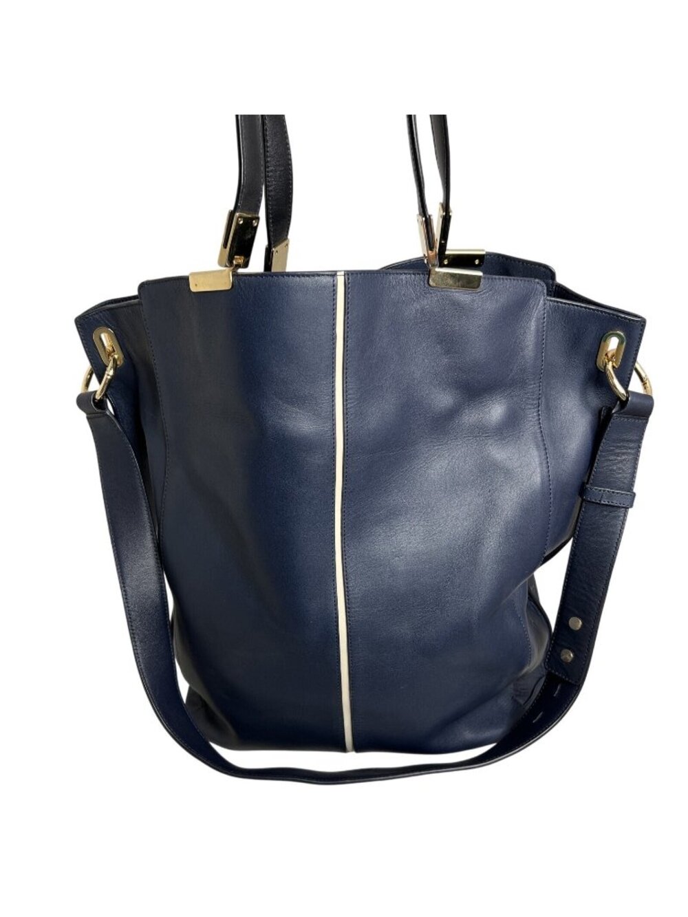 Times Arrow Large Navy Blue Leather Tote Bag Gold Hardware /White Accent